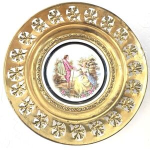 Vintage Brass Framed Regency Bone China Plate of Renaissance Couple